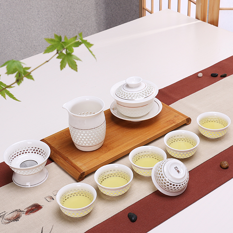 德化陶瓷镂空玲珑茶具蜂巢蜂窝水晶玲珑功夫茶具套装青花整套茶具