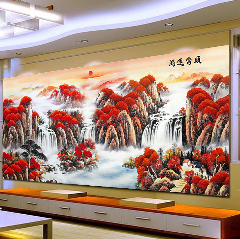 新款钻石画客厅满钻鸿运当头点贴钻十字绣大幅风景山水画砖石绣