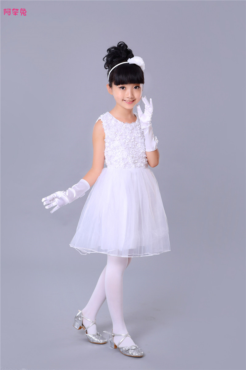 阿奈兔六一儿童演出服女童公主裙蓬蓬裙白色纱裙幼儿舞蹈表演服装