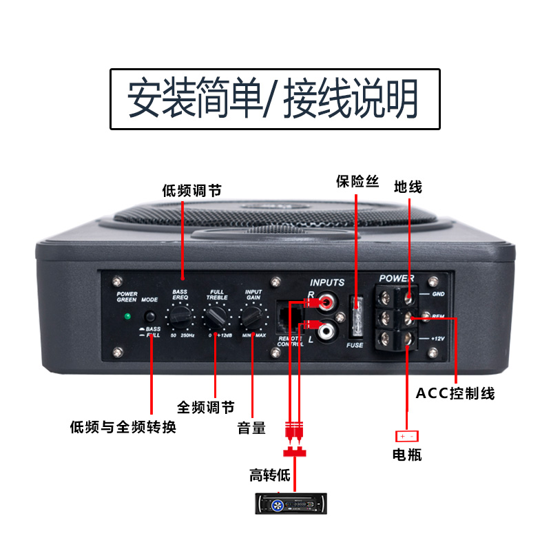 汽车低音炮8寸超薄 带高音大功率重低音车载音响音箱内置改装