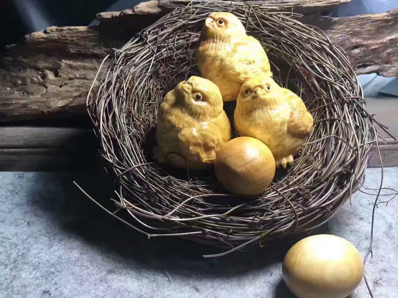 崖柏木雕摆件手把件三只小鸡加二鸡蛋或四只小鸡手把件带鸡窝包邮