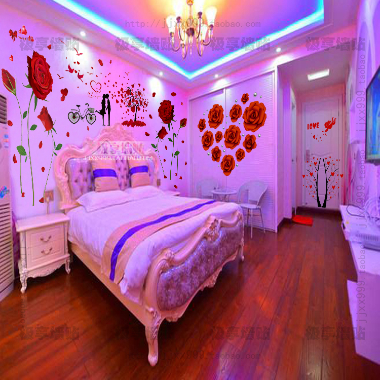 新款花卉卧室温馨浪漫床头装饰墙贴自贴love红玫瑰浪漫床头墙壁贴