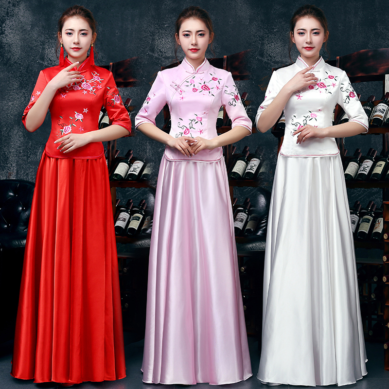 新娘结婚敬酒服改良迎宾旗袍走秀演出服长款中袖优雅复古旗袍礼服