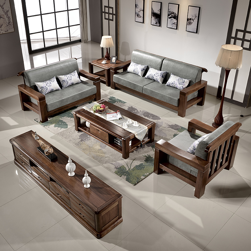 桃木沙发全实木现代中式简约1+2+3客厅组合黑桃木