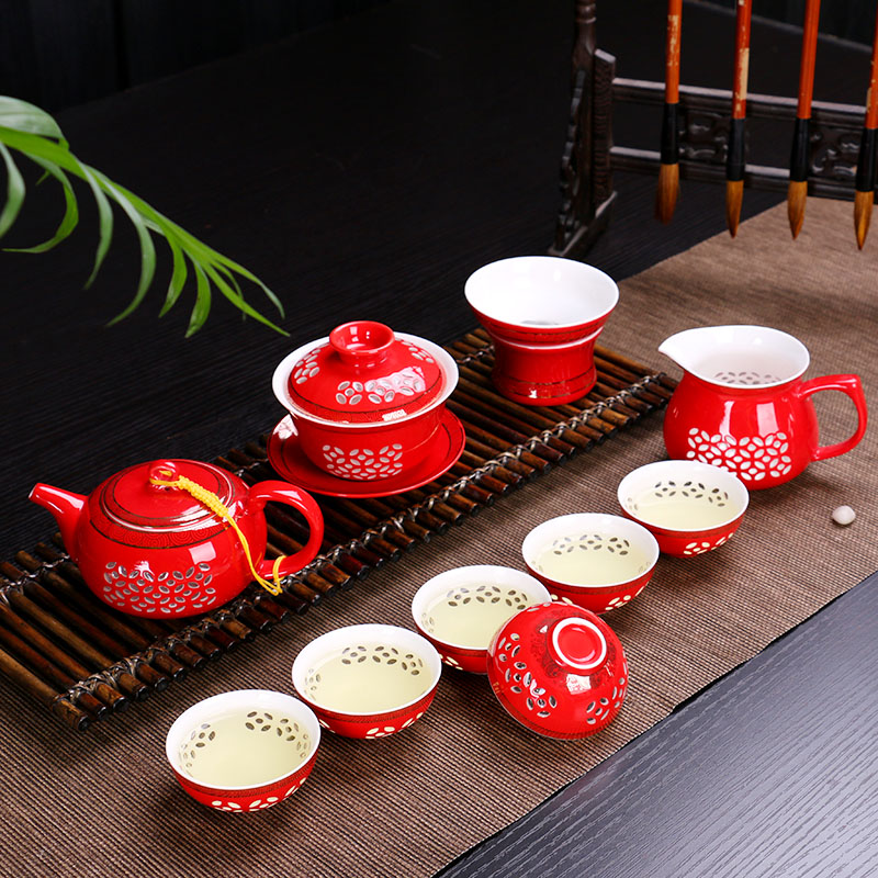 红釉手绘浮雕牡丹花功夫茶具套装整套茶壶盖碗茶杯 红瓷婚庆茶具