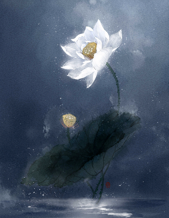 梦幻蓝色手绘荷花个性定制背景墙禅意淡雅佛壁画电视沙发玄关壁纸