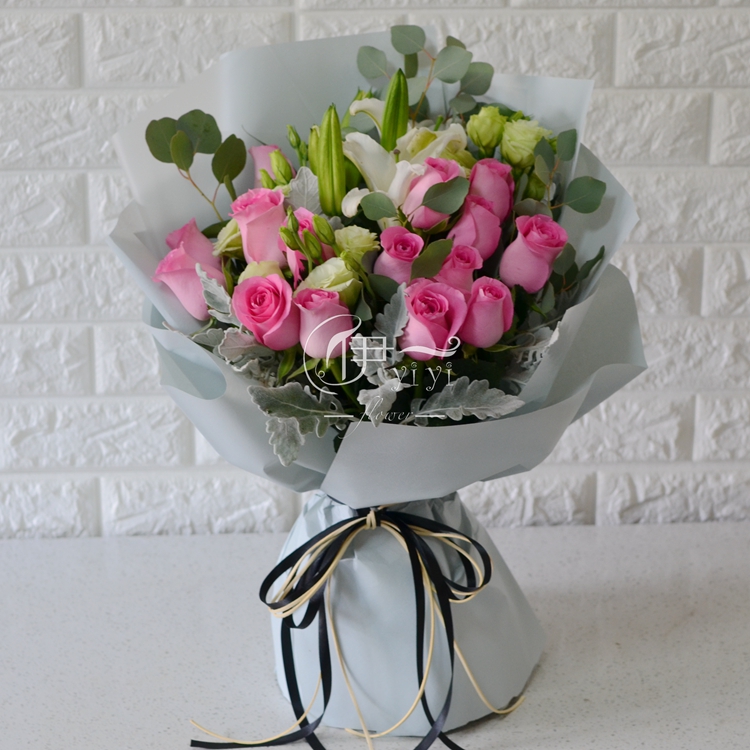 百合苏醒粉玫瑰花束长沙济南北京同城送花鲜花速递妈妈母亲节鲜花
