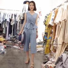 蝴蝶结系带裙摆V领背心水洗七分牛仔连体裤 女装 2017夏季新款