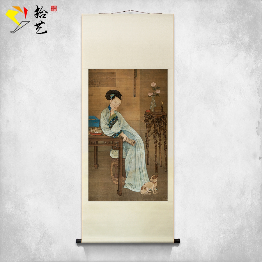 拾艺中国画条幅工笔古典人物仕女冷枚春闺倦读图书房装饰卷轴挂画