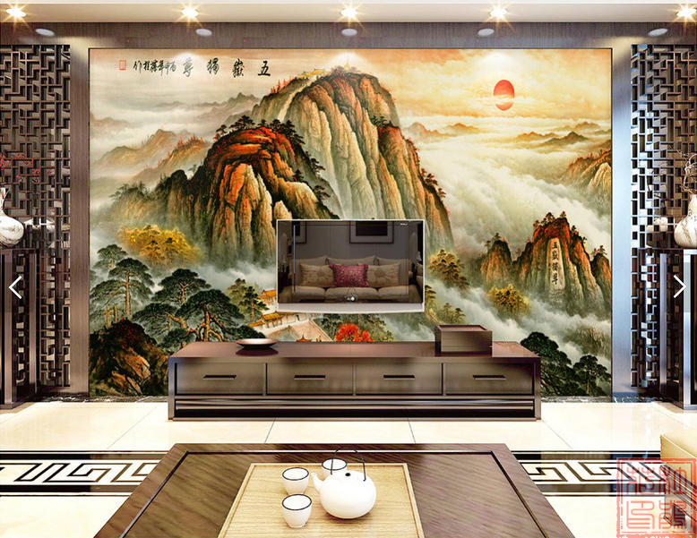 中式五岳独尊泰山旭日东升电视背景墙壁画办公室背景墙装饰画壁画