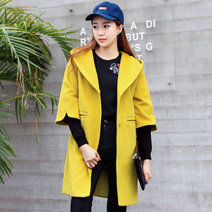 衣品天成 韩版七分袖连帽长款毛呢外套
