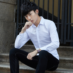 秋季薄款纯色男士长袖衬衫韩版修身青少年学生男装休闲白色衬衣潮