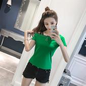 夏装 显瘦一字领斜肩吊带露肩上衣 甜美上衣修身 T恤女韩版 纯棉短袖