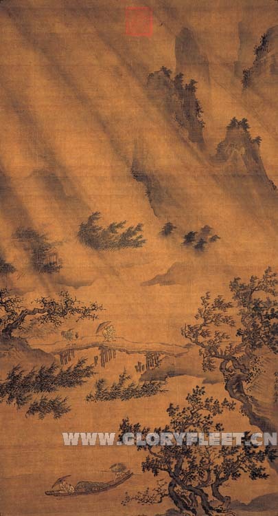 明 戴进 风雨归舟图 布画芯 竖款装饰画 国画名画 台北故宫博物院