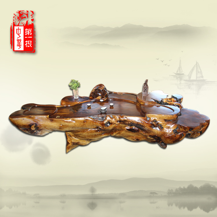 鸡翅木根雕茶桌实木功夫茶几天然树根茶台茶海整体雕佛220-73-71