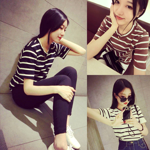 夏装新款2015韩版<em>纯棉</em>黑白横条纹夏季宽松短