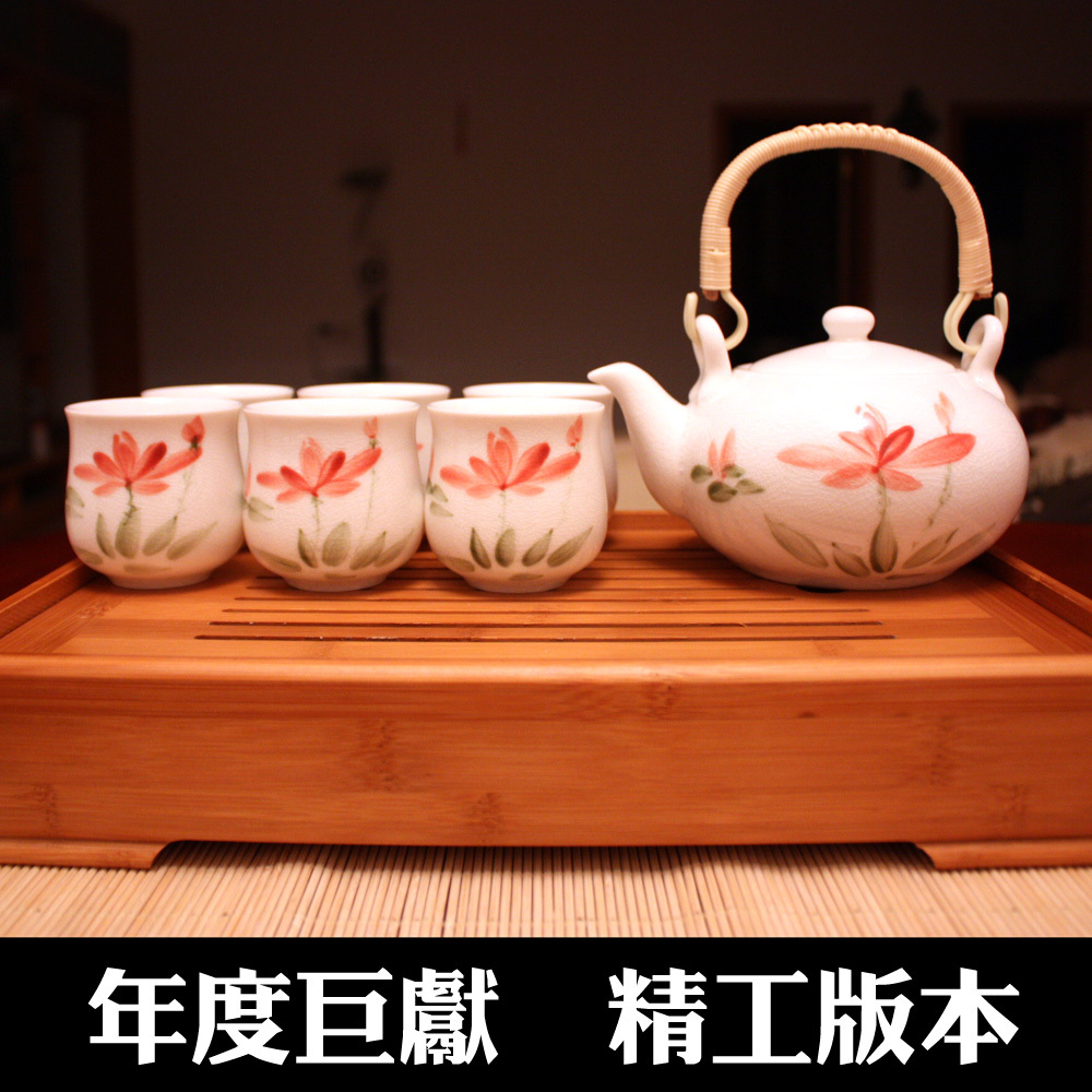 攻玉 手绘荷花冰裂釉景德镇陶瓷提梁功夫茶具套装7头茶壶茶杯特价