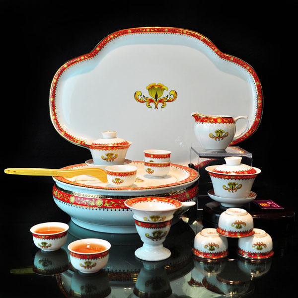 潮汕工夫茶具/陶瓷功夫茶具/高档/白瓷8寸加盘异国风情红边