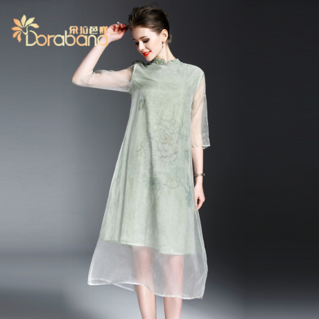 Dorabana/朵拉芭娜2017春装女装真丝欧根纱印花复古民族风连衣裙商品大图