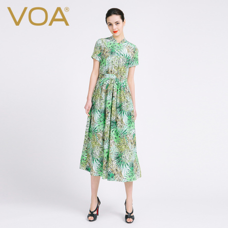 VOA糖果绿植物印花真丝双绉立领短袖单排扣中腰连身甜美修身美裙商品大图