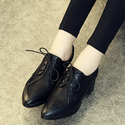 2016春季新款韩版粗跟尖头单鞋中跟系带高跟