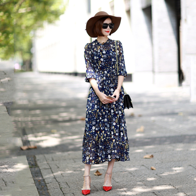 2017春夏新款两件套连衣裙印碎花长裙短袖纯