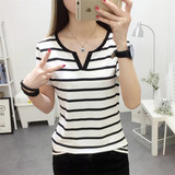 2017韩版夏装新款女装条纹显瘦半袖上衣服女士修身短袖T恤打底衫