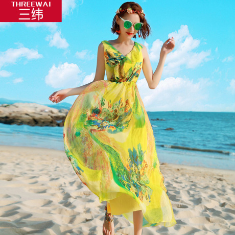 三纬2019新款度假时尚真丝连衣裙女波西米亚印花显瘦桑蚕丝长裙商品大图