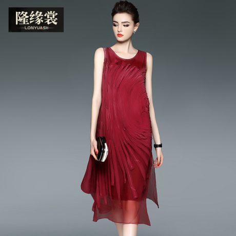 隆缘裳2017夏装新款女时尚圆领无袖欧根纱真丝拼接宽松连衣裙3351商品大图