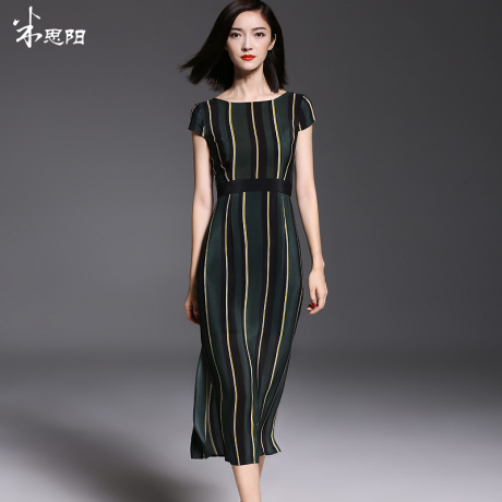 【清仓】米思阳含语时尚条纹连衣裙夏修身短袖松紧腰真丝包臀裙女商品大图