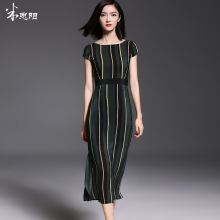 【清仓】米思阳含语时尚条纹连衣裙夏修身短袖松紧腰真丝包臀裙女图片