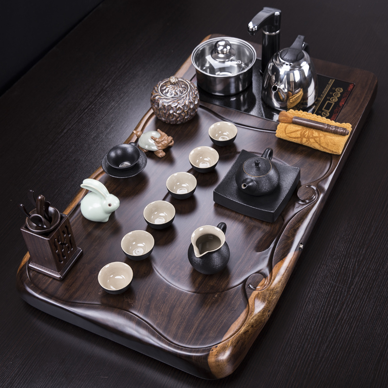 汇享 整块黑檀木茶具茶盘套装 整套茶具 四合一电磁炉茶盘实木