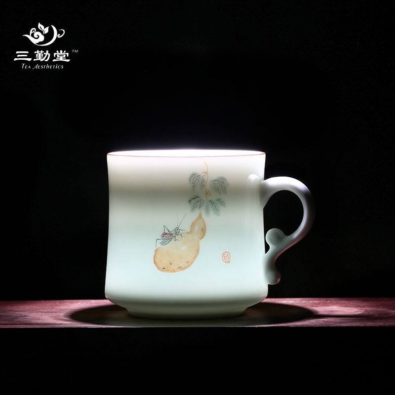 三勤堂陶瓷茶杯带盖办公杯景德镇茶具青瓷手绘大水杯泡茶杯会议杯
