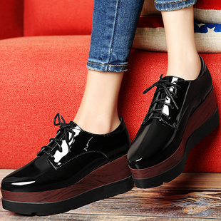 正品 厚底女鞋坡跟系带鞋子黑色漆皮圆头绑带