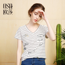T恤女B11062 女装 2017夏装 简约V领印花百搭细条纹短袖 新款 OSA欧莎