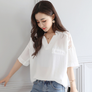 镂空蕾丝短袖白衬衫