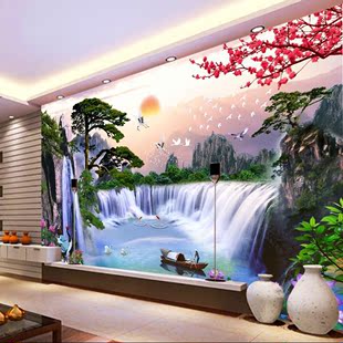 大型壁画3d电视背景墙壁纸中式山水风景画客厅沙发无缝墙布迎客松