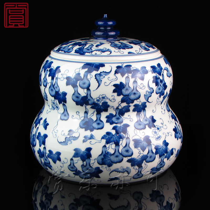 京德窑贵和祥茶叶罐子 纯手工手绘青花葫芦罐 功夫茶具茶叶罐精品