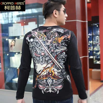 新款秋装长袖个性霸气中国风男装长衫龙胆枪赵云t恤圆领青年上衣