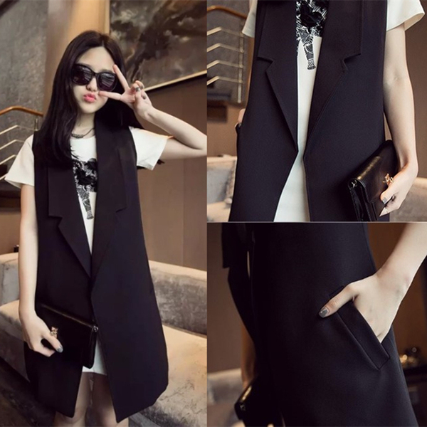 热销女<em>马夹 2015</em>春秋新款 中长款 黑色西装 无