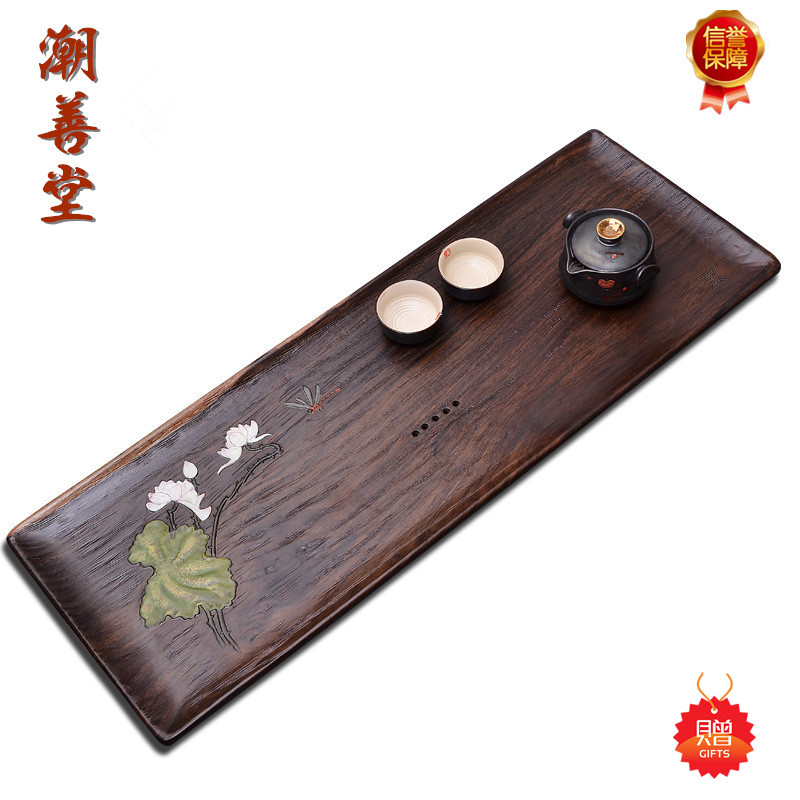 浮雕手绘功夫茶具黑檀实木茶盘单层整块中号茶海排水茶具托盘特价