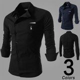 韩版休闲斜扣衬衣小鹿刺绣工装长袖衬衫 男casual shirts for men