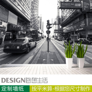 香港黑白街景都市大型壁画背景墙纸3d立体壁纸个性定制现代简约
