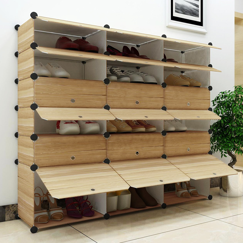 超杰多层防尘组装简易鞋架 简约现代仿木纹创意收纳树脂塑料鞋柜 