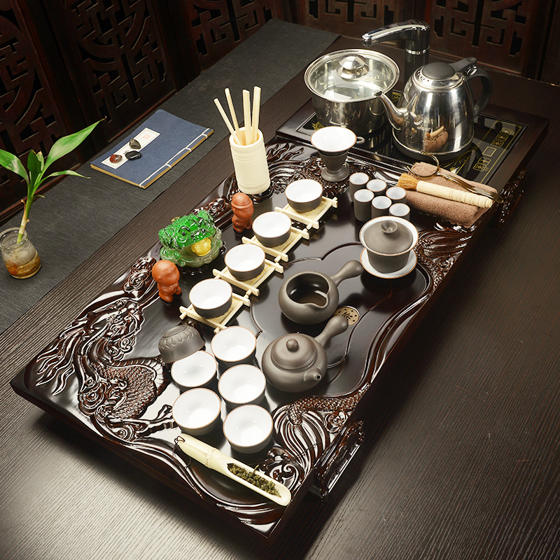 美阁 紫砂冰裂汝窑功夫整套茶具套装特价四合一实木茶盘茶海茶杯