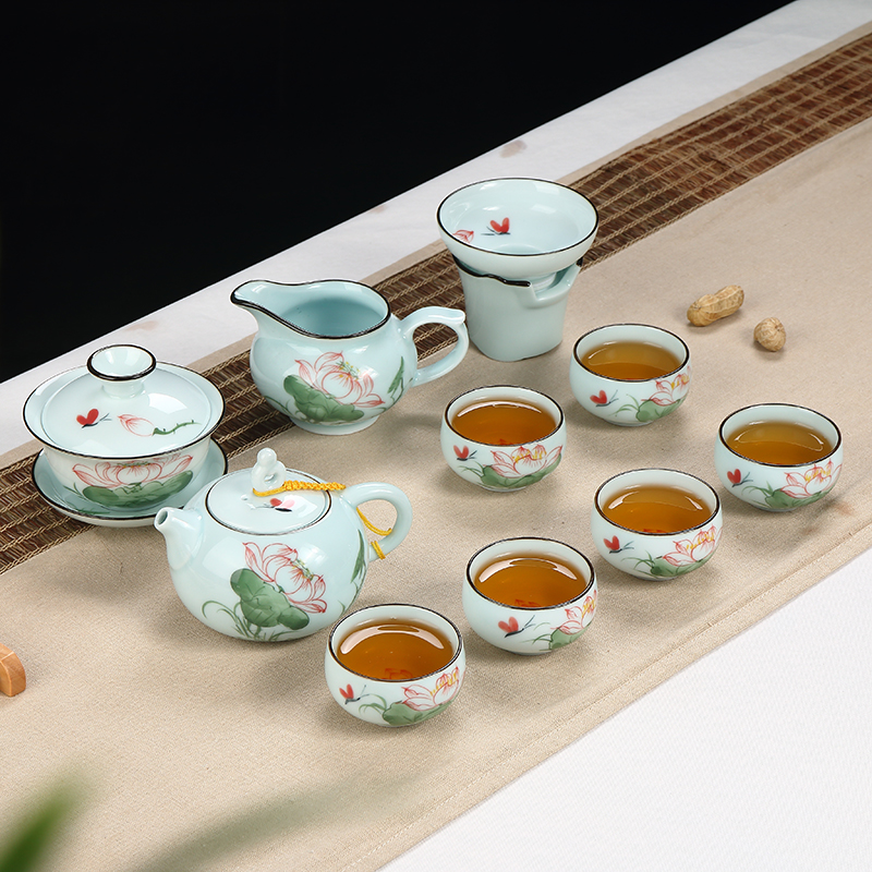 景德镇手绘青瓷功夫茶具整套高档陶瓷窑变茶壶盖碗茶海杯茶具套装