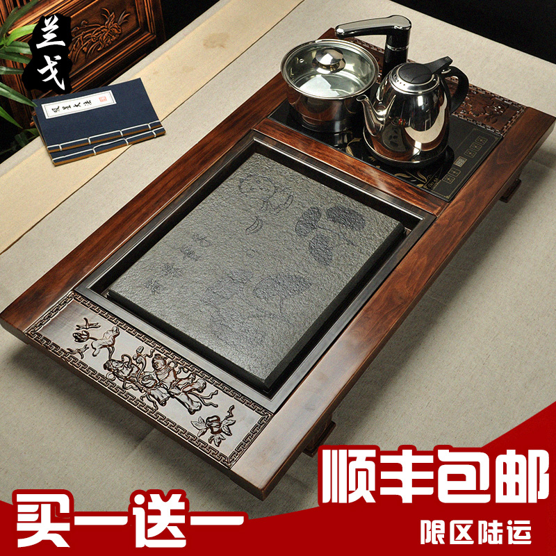 兰戈四合一电磁炉实木茶盘黑檀鸡翅花梨木茶海功夫茶具套装特价