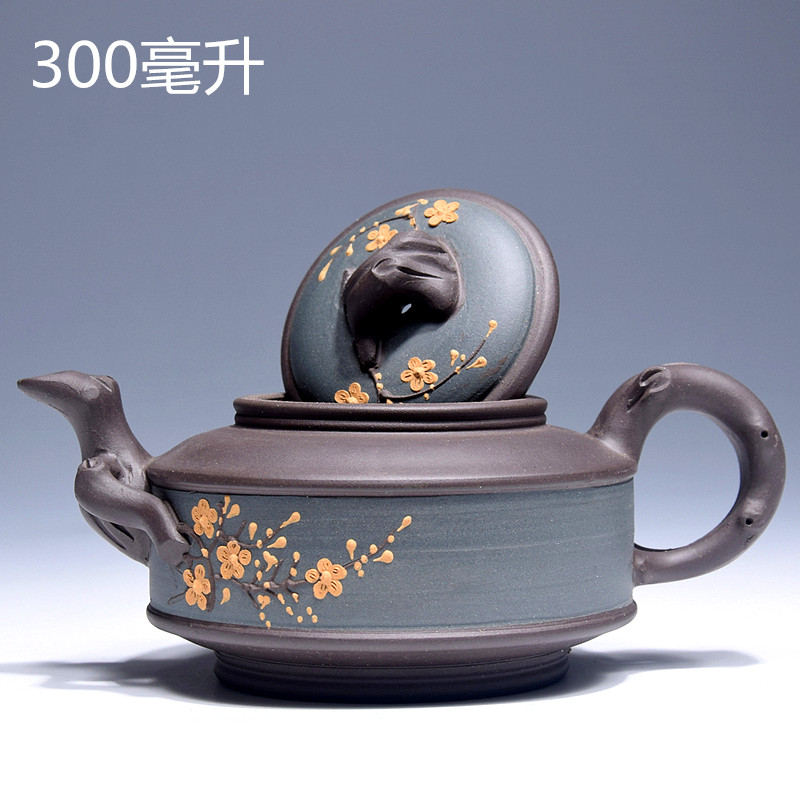 宜兴原矿正品紫砂壶名家全手工泥绘贴花黑泥双线梅花紫砂壶茶壶具