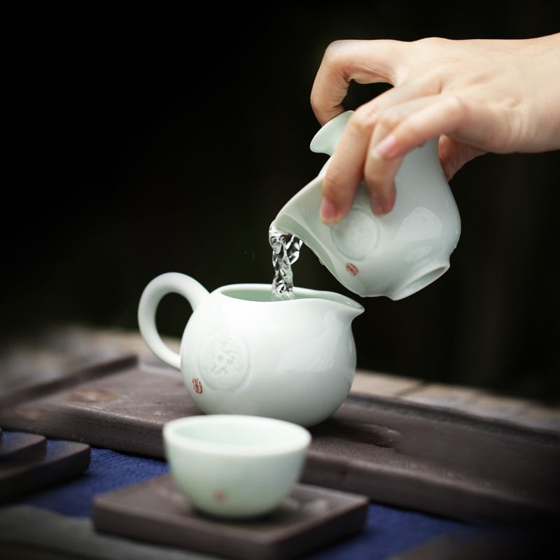 热卖恒福茶具正品 景德镇功夫茶具陶瓷青瓷整套套装 越窑古意盖碗