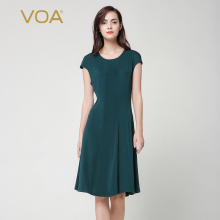 VOA 纯色双面针织真丝圆领包袖分割拼接百搭打底基本款修身连衣裙图片